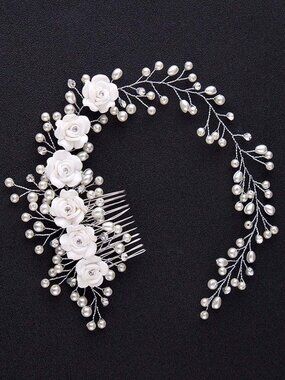 Bridal Pearls Flowers Crystals Hair Comb White Wedding Hairband Accessory